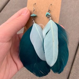 BLUE FEATHER LARGE EARRINGS JEWELRY HANDMADE
